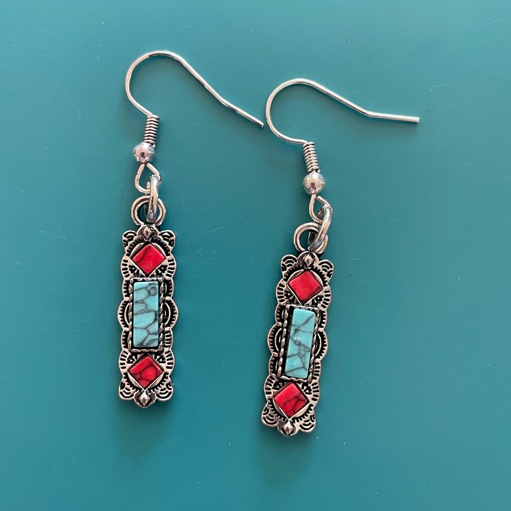 Western Faux Coral Turquoise Dangle Earrings